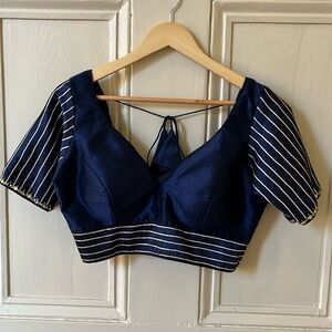 Royal blue Indian saree blouse with gold accents